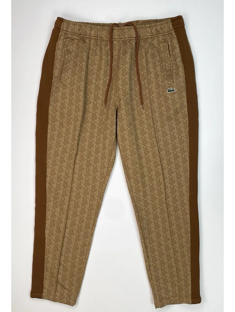 Lacoste Mens Monogram Jacquard Track Pants XL Brown Tapered Sweatpants - Picture 1 of 12